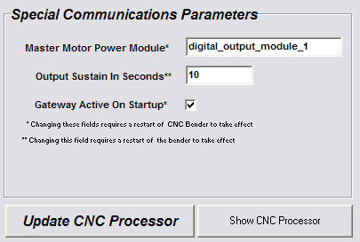 CNC Bender Lite - PROCESSOR Tab, Special Communications section of Low Level Menu
